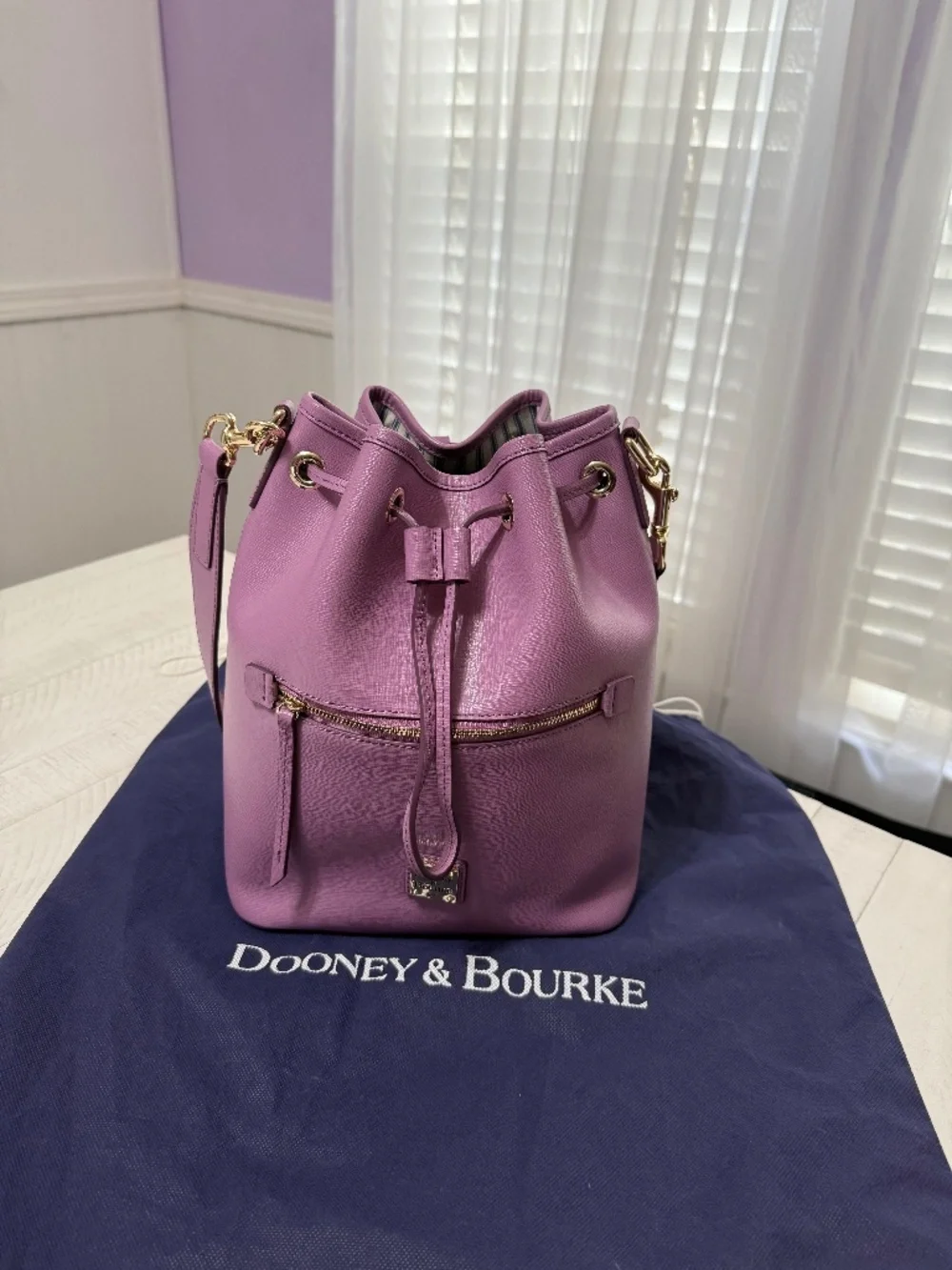 Dooney & Bourke Lavender Saffiano Leather Bucket Crossbody Purse